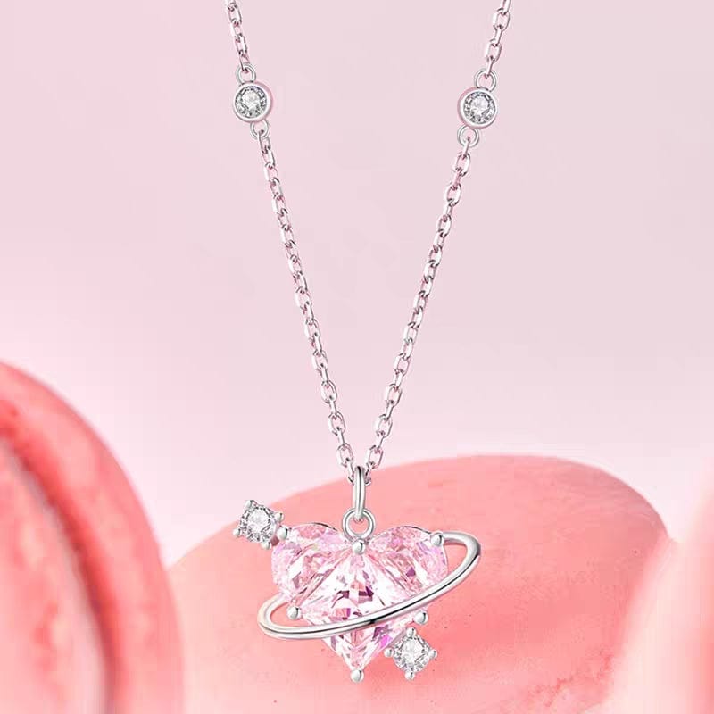 Chic CZ Inlaid Pink Celestial Heart Necklace