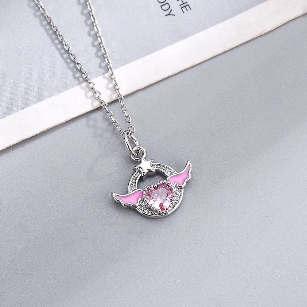 Chic CZ Inlaid Pink Crystal Angel Heart Wings Necklace