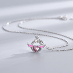 Chic CZ Inlaid Pink Crystal Angel Heart Wings Necklace