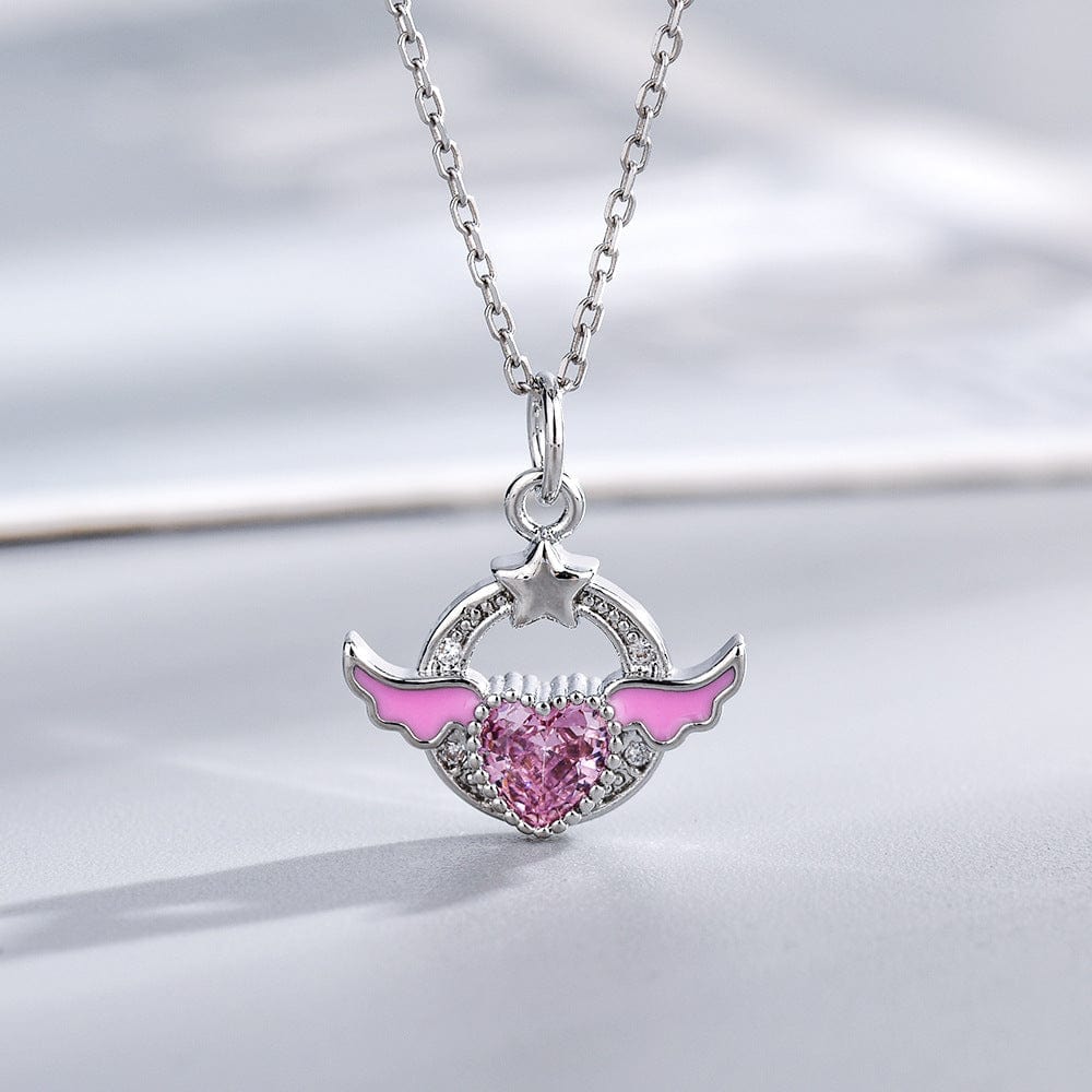 Chic CZ Inlaid Pink Crystal Angel Heart Wings Necklace