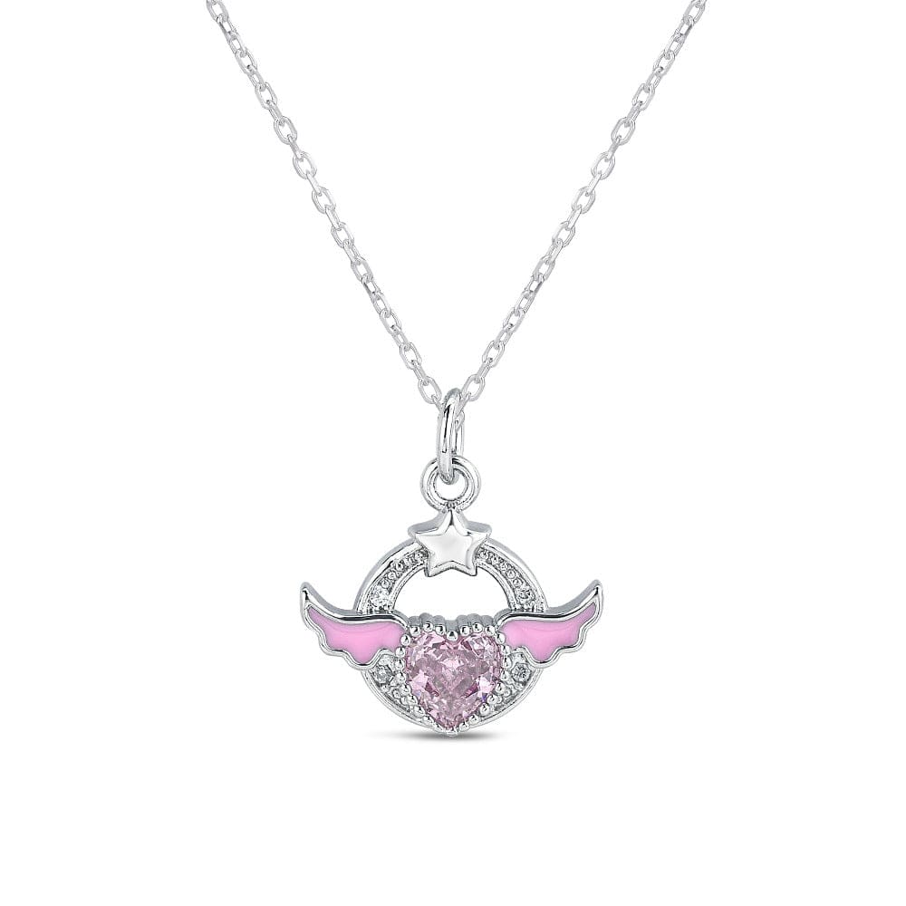 Chic CZ Inlaid Pink Crystal Angel Heart Wings Necklace