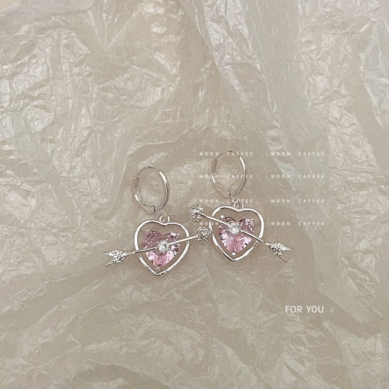 Chic CZ Inlaid Pink Crystal Arrow Heart Earrings