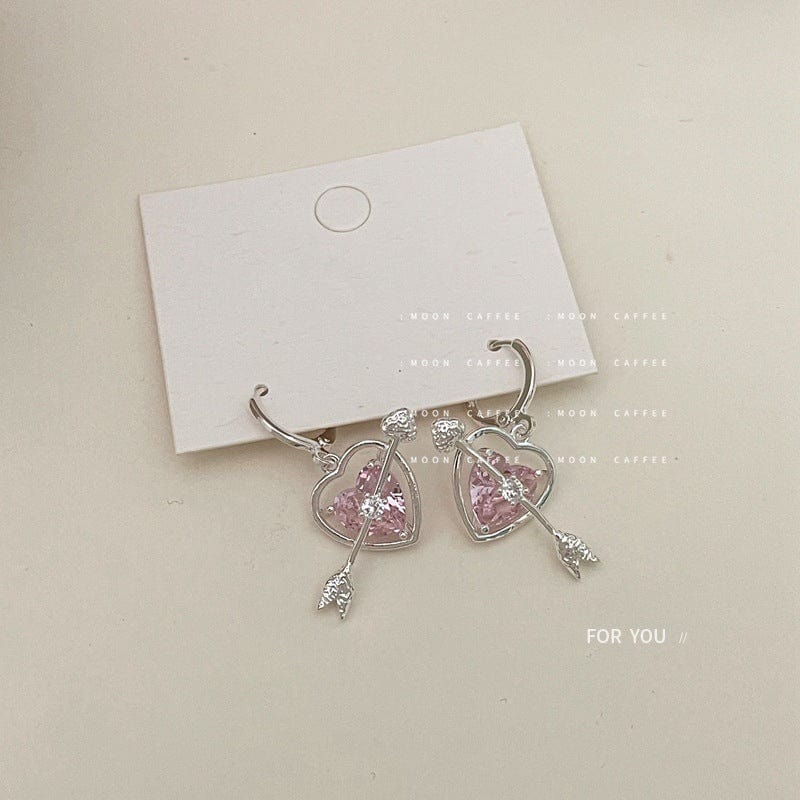 Chic CZ Inlaid Pink Crystal Arrow Heart Earrings