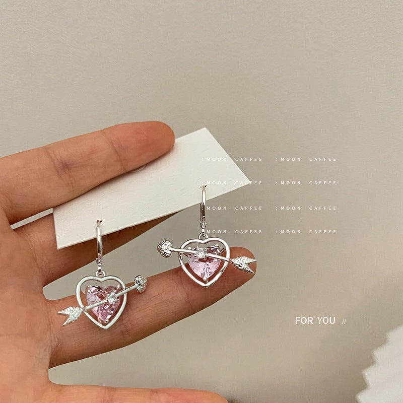 Chic CZ Inlaid Pink Crystal Arrow Heart Earrings