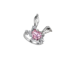 Chic CZ Inlaid Pink Crystal Rabbit Heart Ring