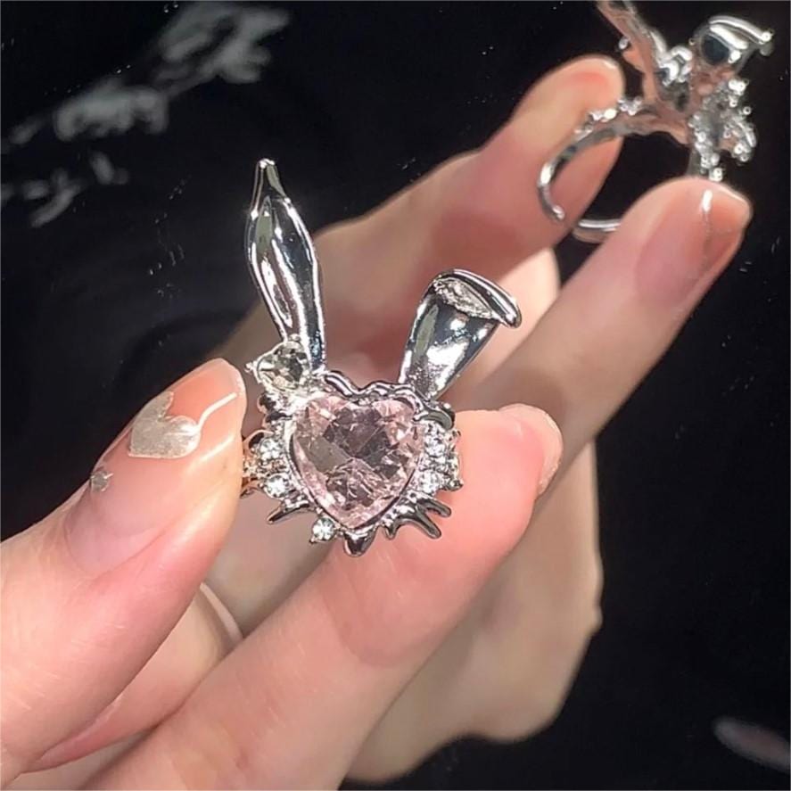 Chic CZ Inlaid Pink Crystal Rabbit Heart Ring