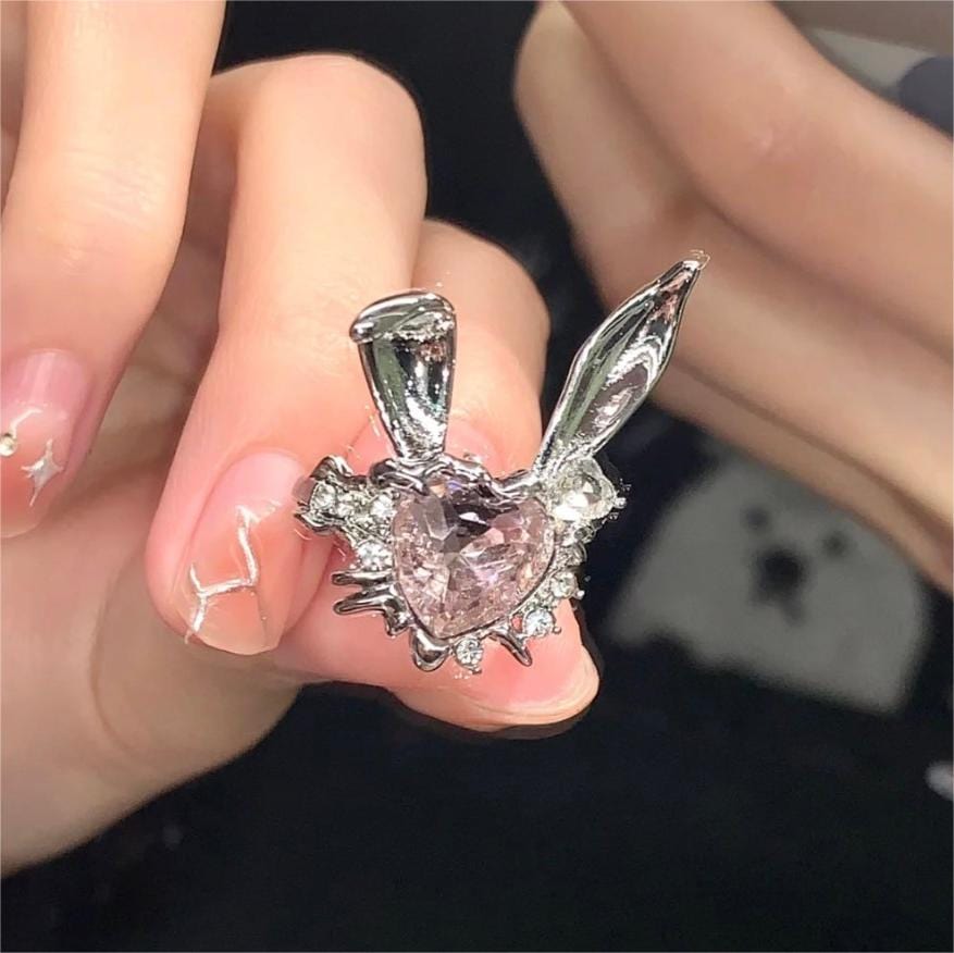Chic CZ Inlaid Pink Crystal Rabbit Heart Ring