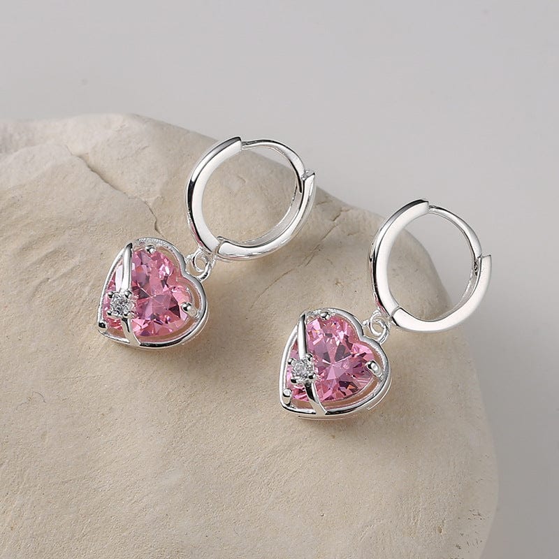 Chic CZ Inlaid Pink Crystal Dangle Heart Earrings