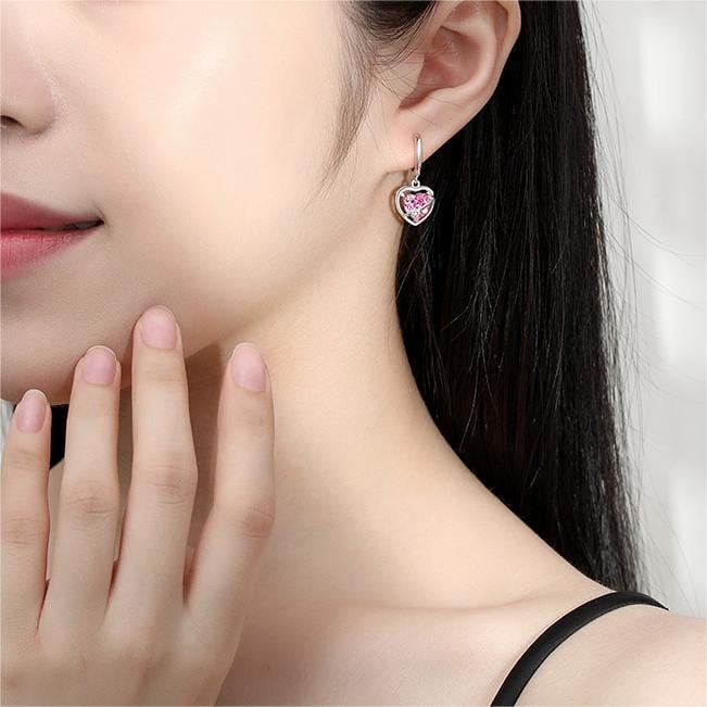 Chic CZ Inlaid Pink Crystal Dangle Heart Earrings