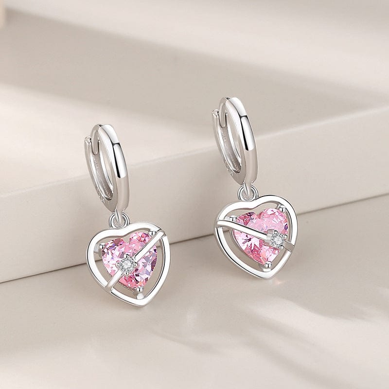 Chic CZ Inlaid Pink Crystal Dangle Heart Earrings