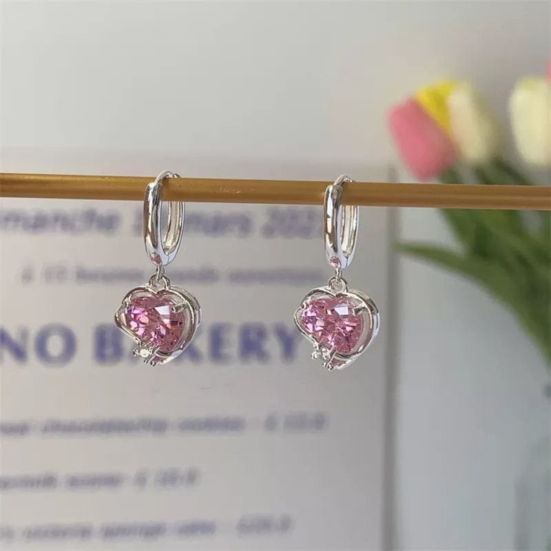 Chic CZ Inlaid Pink Crystal Dangle Heart Earrings
