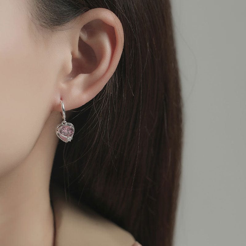 Chic CZ Inlaid Pink Crystal Dangle Heart Earrings