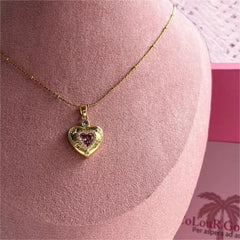 Chic CZ Inlaid Pink Crystal Heart Chain Necklace