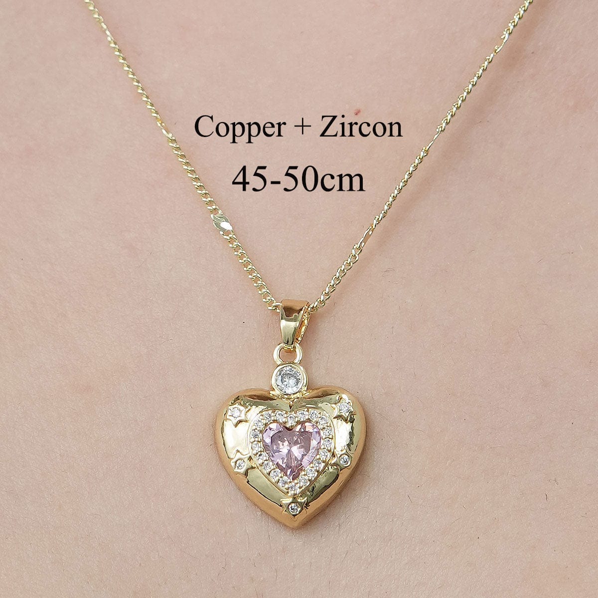 Chic CZ Inlaid Pink Crystal Heart Chain Necklace