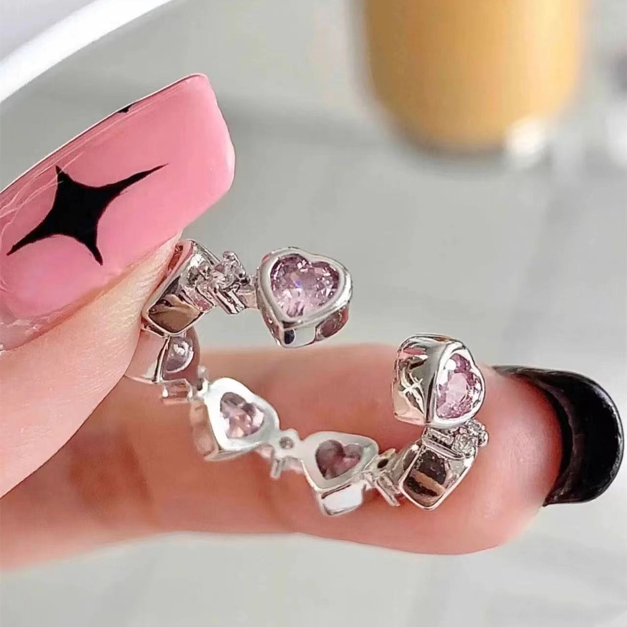 Chic CZ Inlaid Pink Crystal Heart Ring