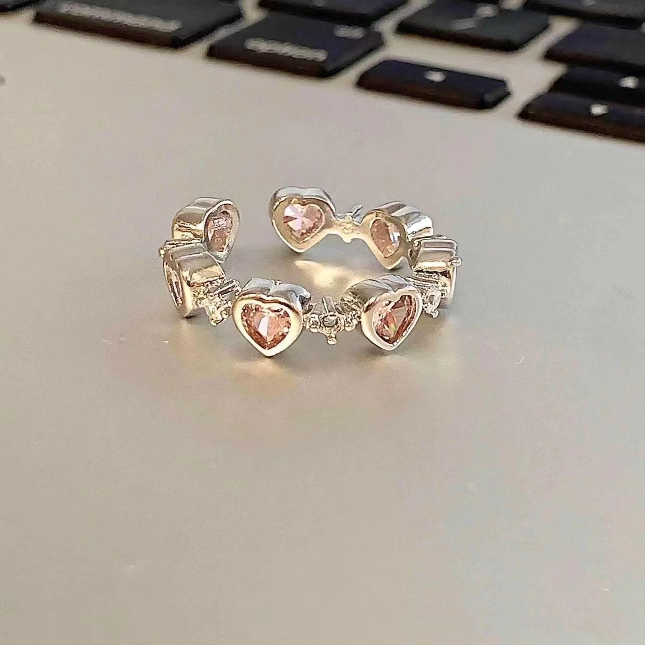 Chic CZ Inlaid Pink Crystal Heart Ring