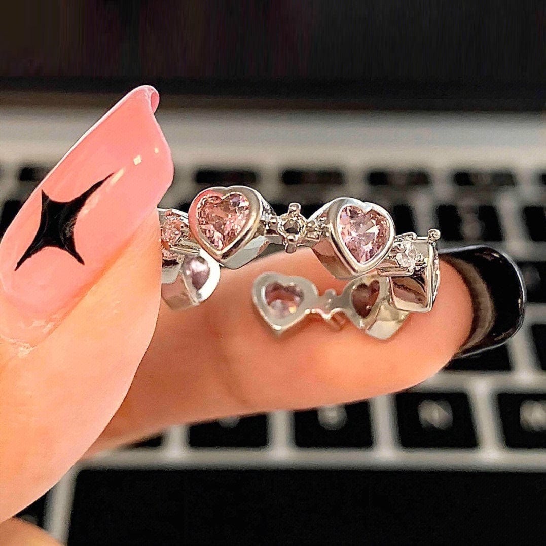 Chic CZ Inlaid Pink Crystal Heart Ring