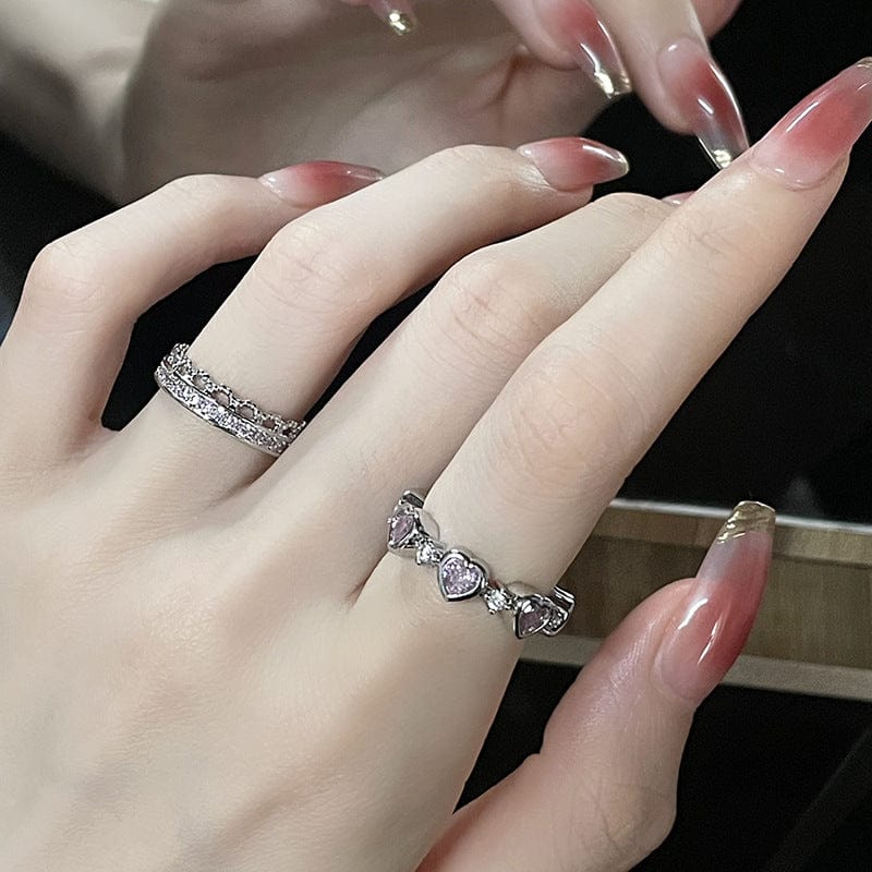 Chic CZ Inlaid Pink Crystal Heart Ring