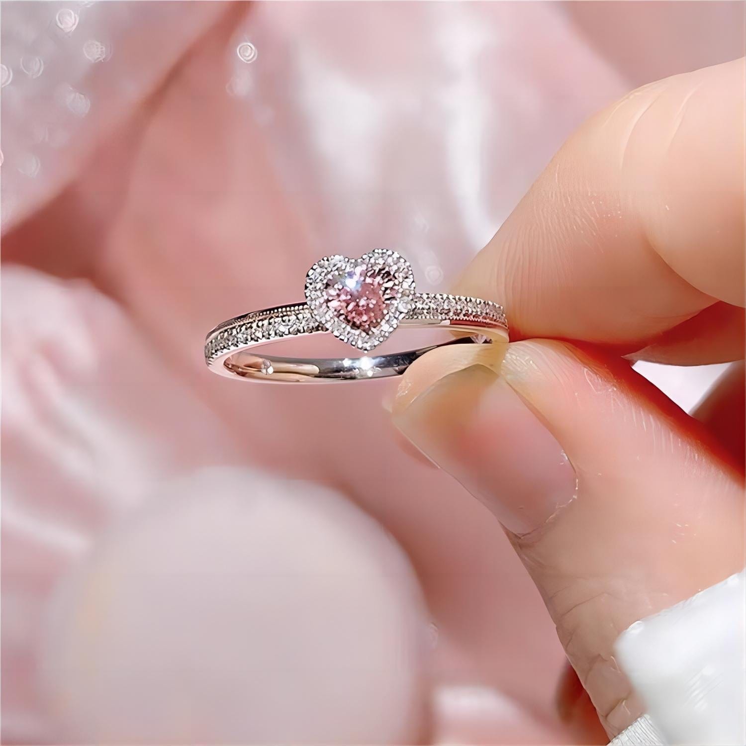 Chic CZ Inlaid Pink Crystal Heart Ring