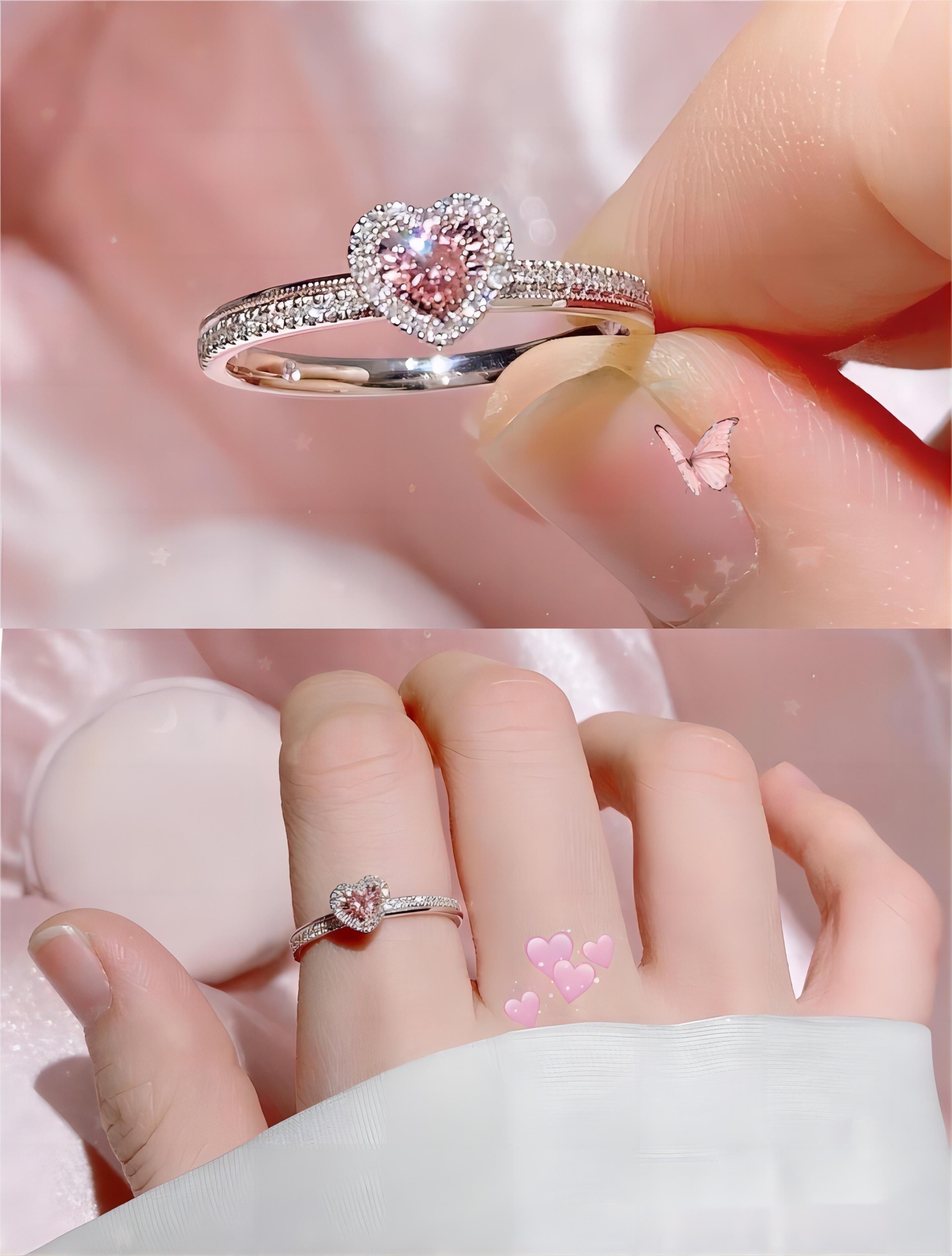 Chic CZ Inlaid Pink Crystal Heart Ring