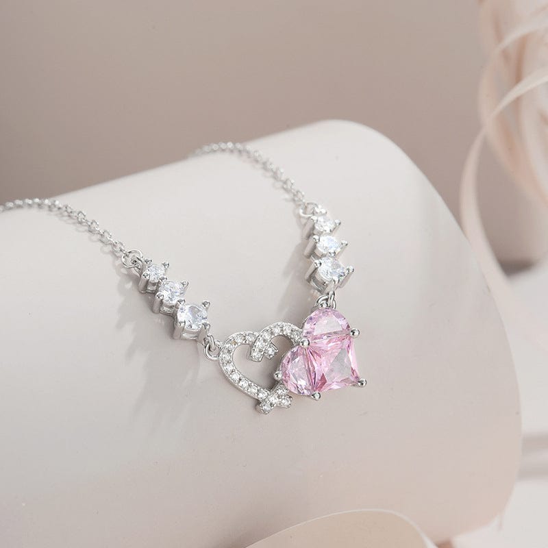 Chic CZ Inlaid Pink Diamond Duo Heart Necklace