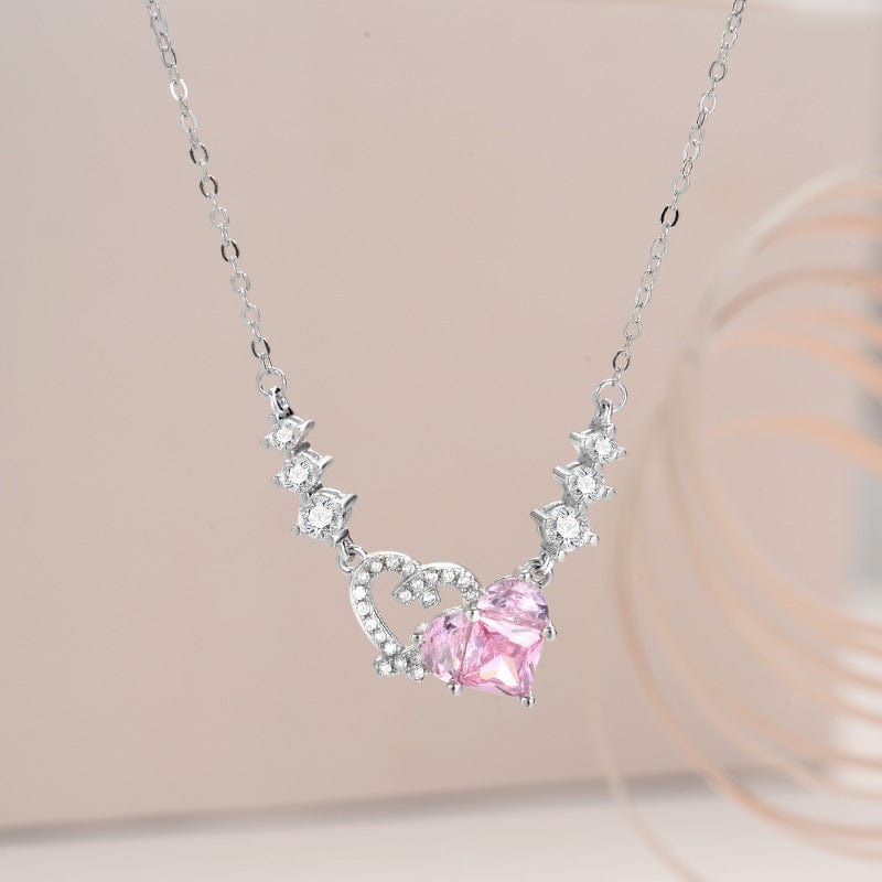 Chic CZ Inlaid Pink Diamond Duo Heart Necklace