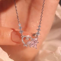 Chic CZ Inlaid Pink Diamond Duo Heart Necklace