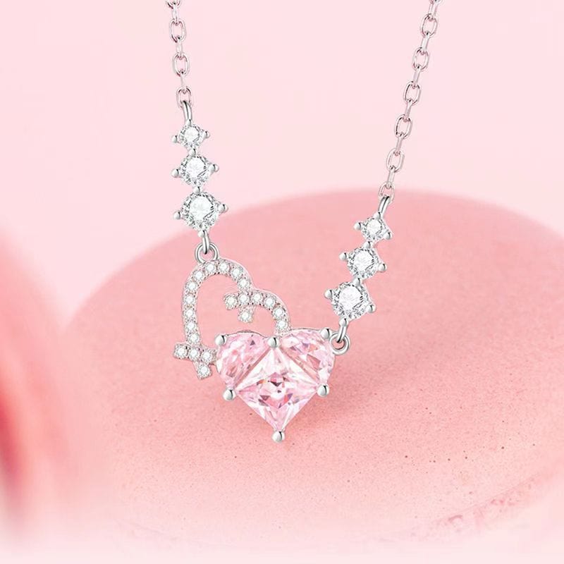 Chic CZ Inlaid Pink Diamond Duo Heart Necklace