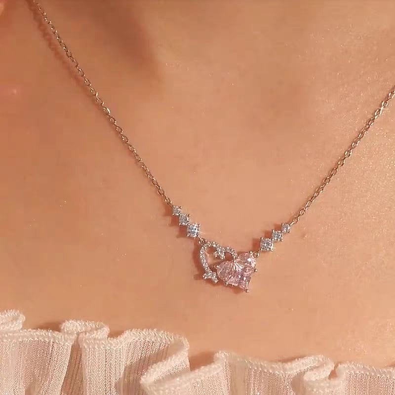 Chic CZ Inlaid Pink Diamond Duo Heart Necklace