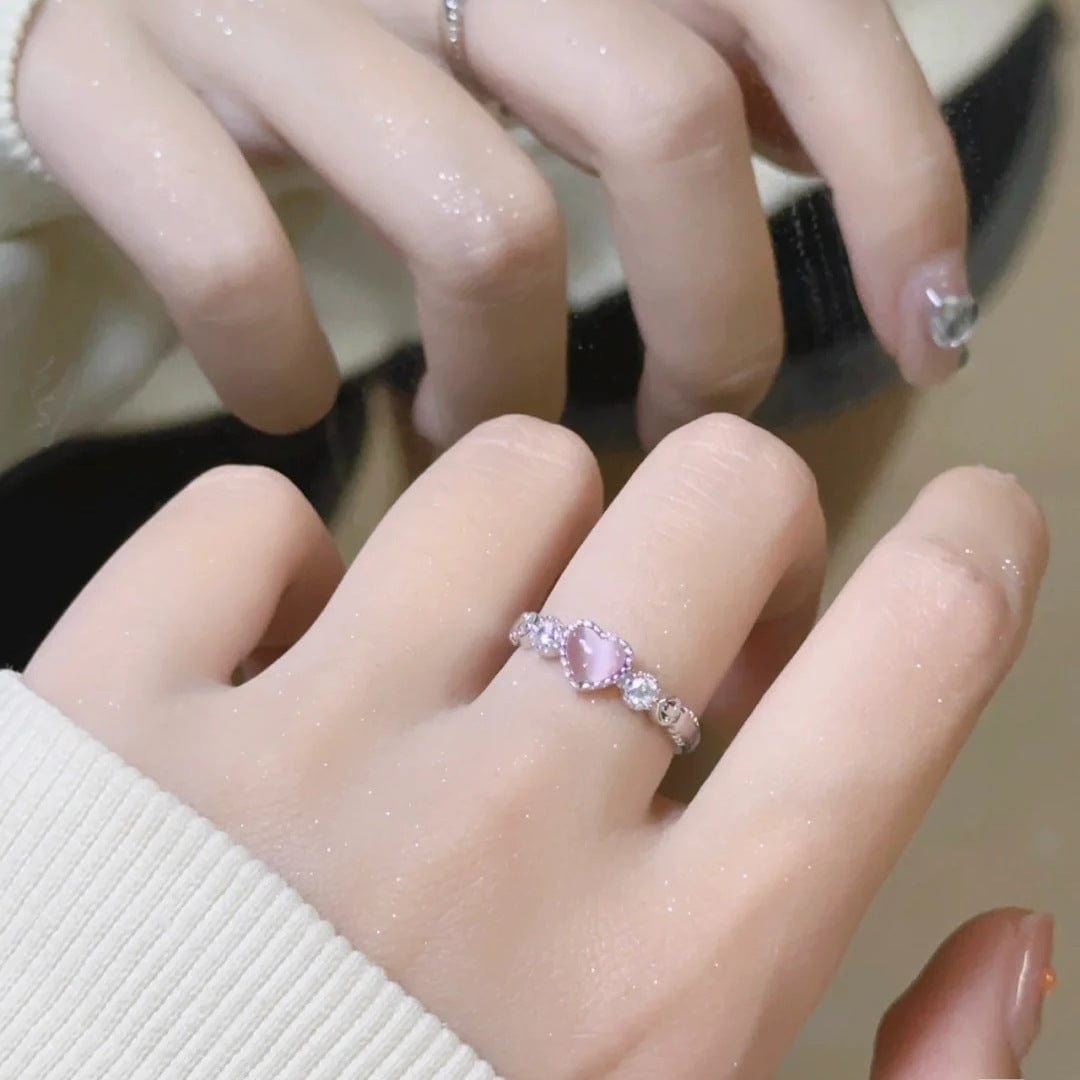 Chic CZ Inlaid Pink Opal Heart Ring