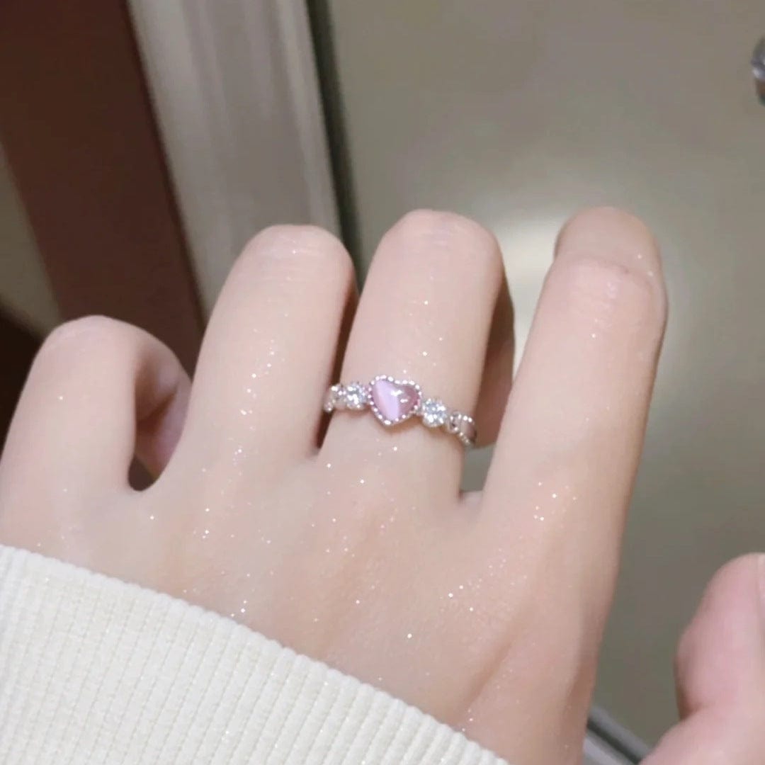 Chic CZ Inlaid Pink Opal Heart Ring