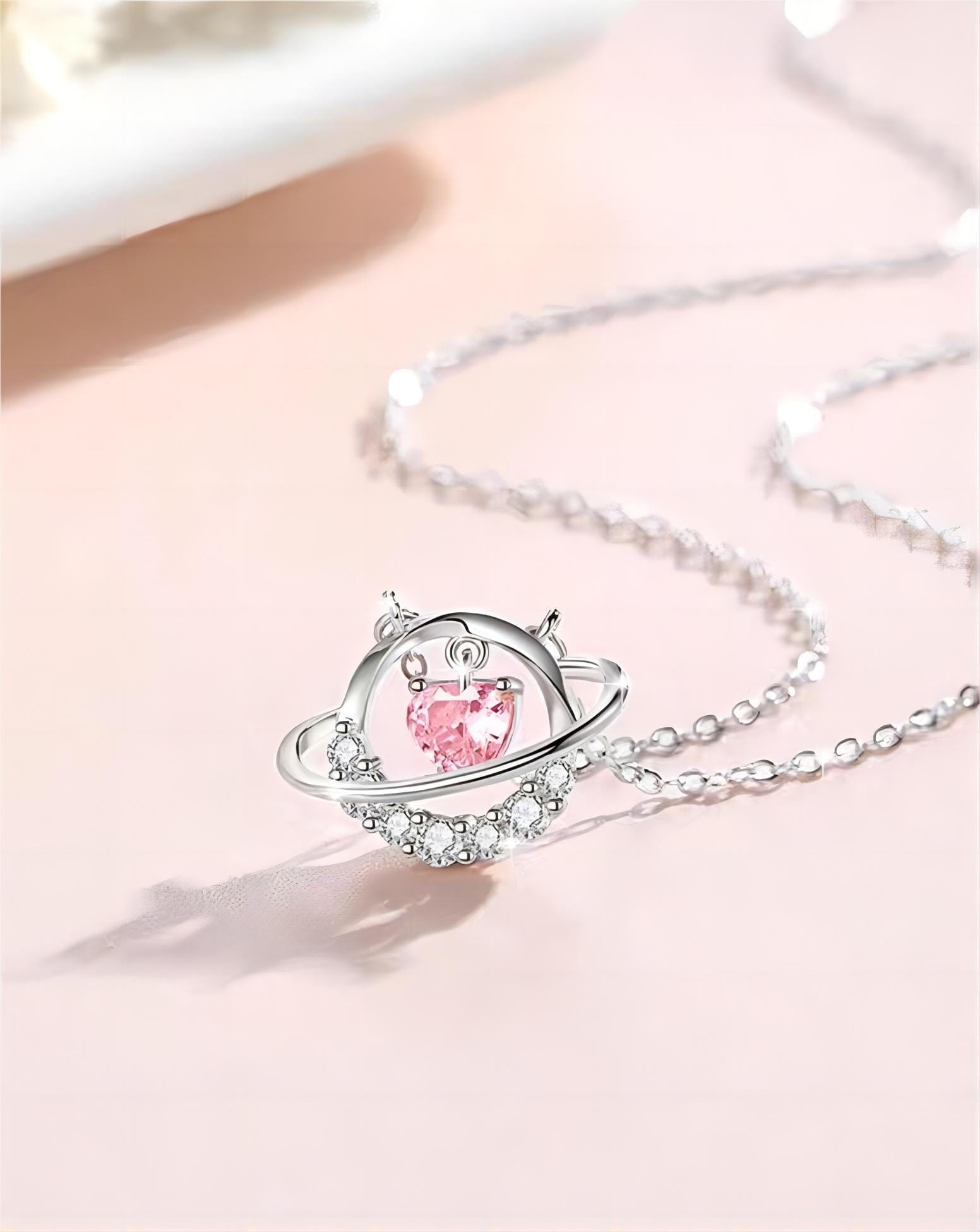 Chic CZ Inlaid Planet Dangle Heart Pendant Necklace
