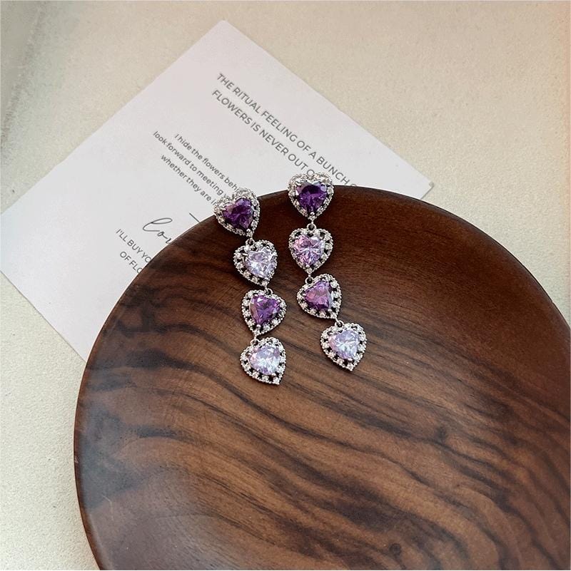 Chic CZ Inlaid Purple Crystal Heart Dangle Earrings