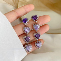Chic CZ Inlaid Purple Crystal Heart Dangle Earrings