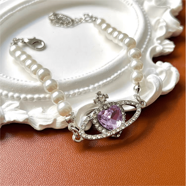 Chic CZ Inlaid Purple Saturn Necklace Earrings Bracelet Set