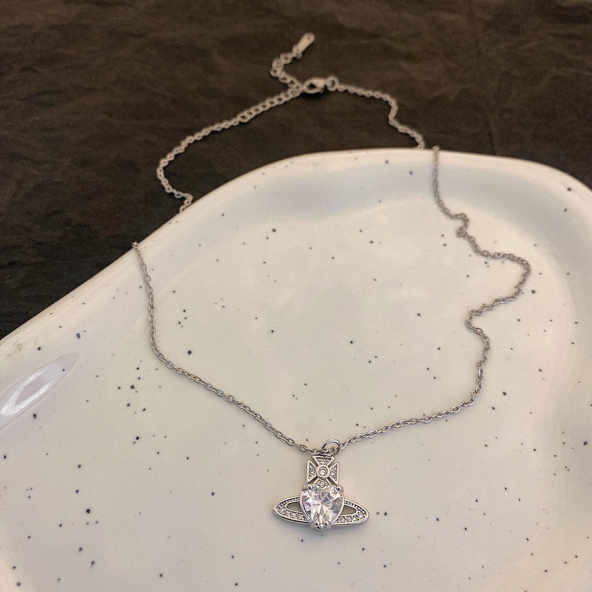 Chic CZ Inlaid Saturn Heart Necklace