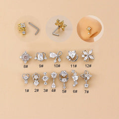 Chic CZ Inlaid Stainless Steel Floral Angel Wings Heart Nose Piercing Nose Stud