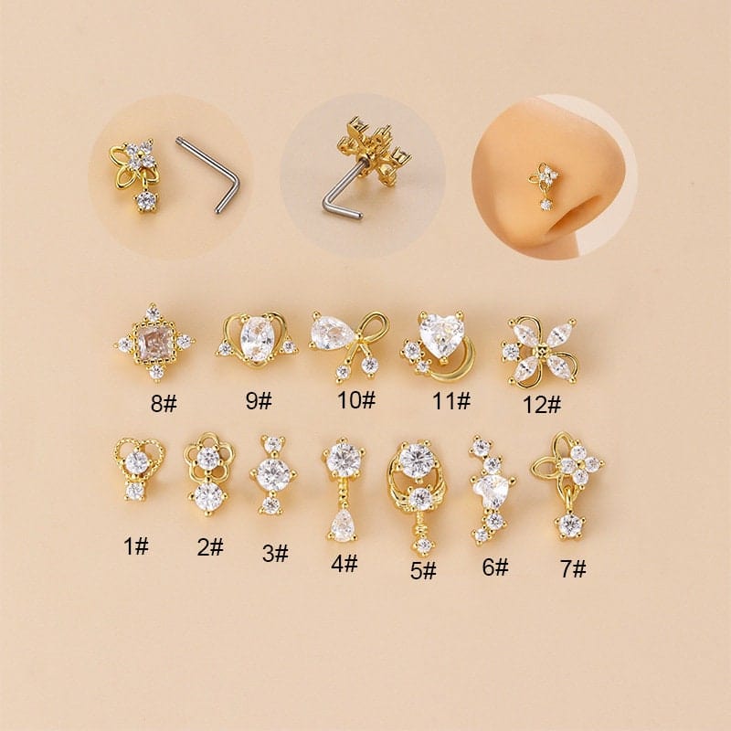 Chic CZ Inlaid Stainless Steel Floral Angel Wings Heart Nose Piercing Nose Stud