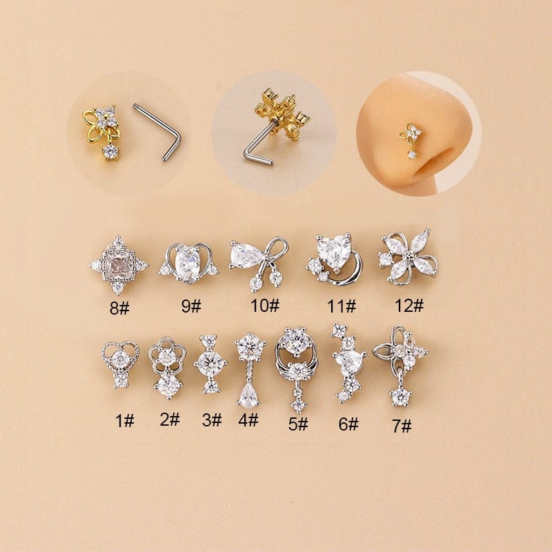 Chic CZ Inlaid Stainless Steel Floral Angel Wings Heart Nose Piercing Nose Stud