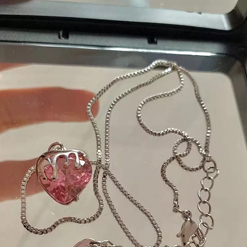 Chic Diamond Cut Pink Crystal Heart Pendant Necklace