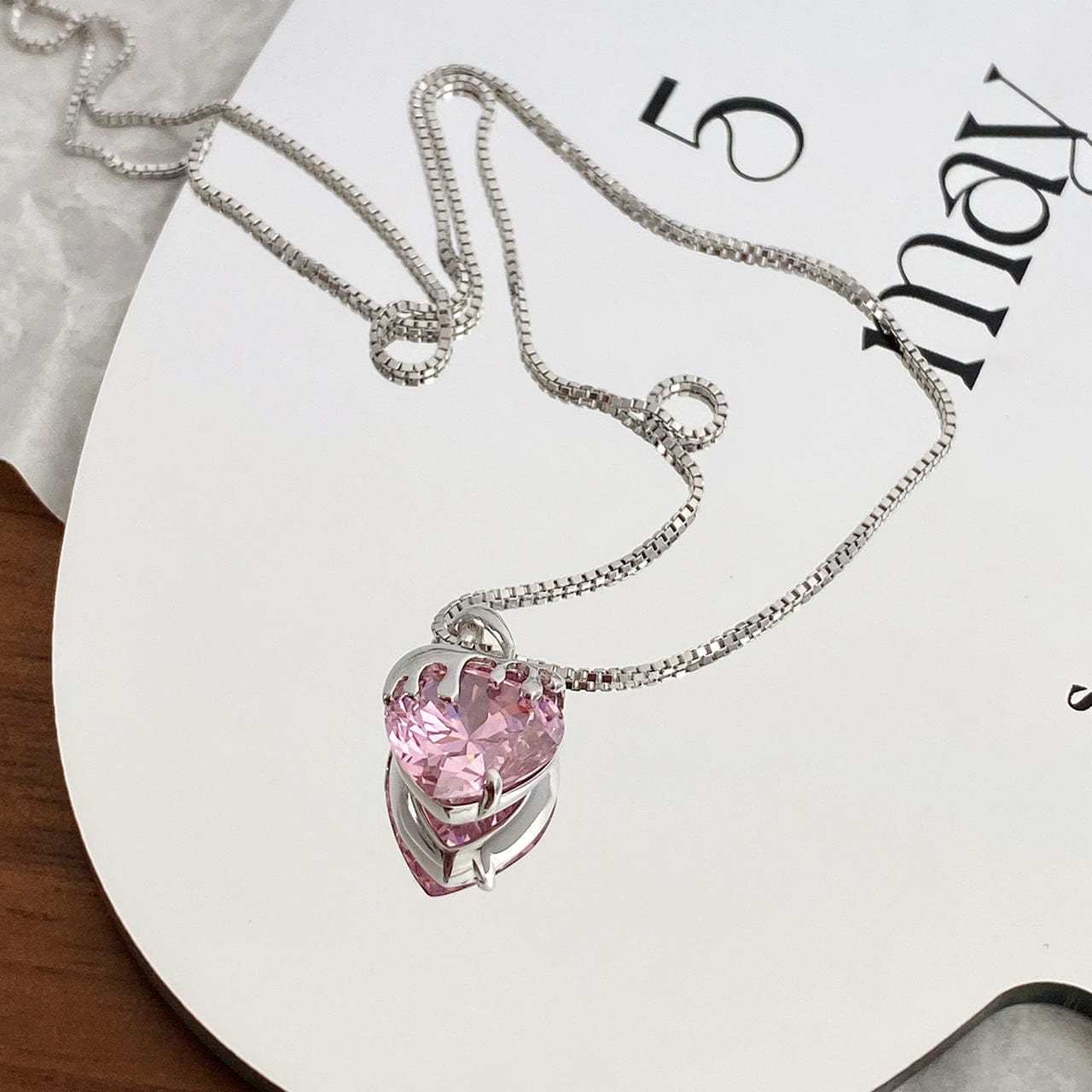 Chic Diamond Cut Pink Crystal Heart Pendant Necklace