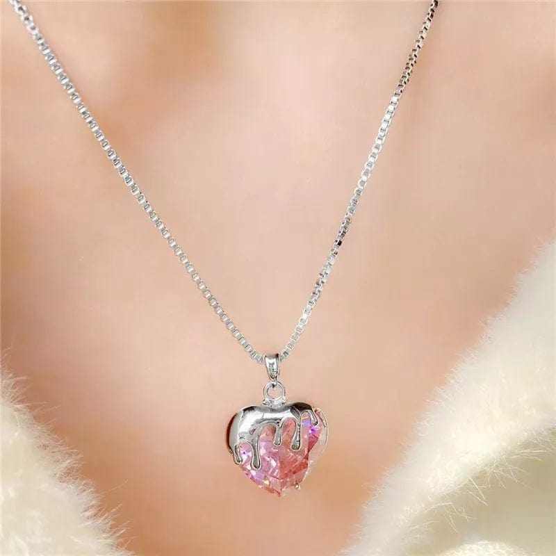 Chic Diamond Cut Pink Crystal Heart Pendant Necklace