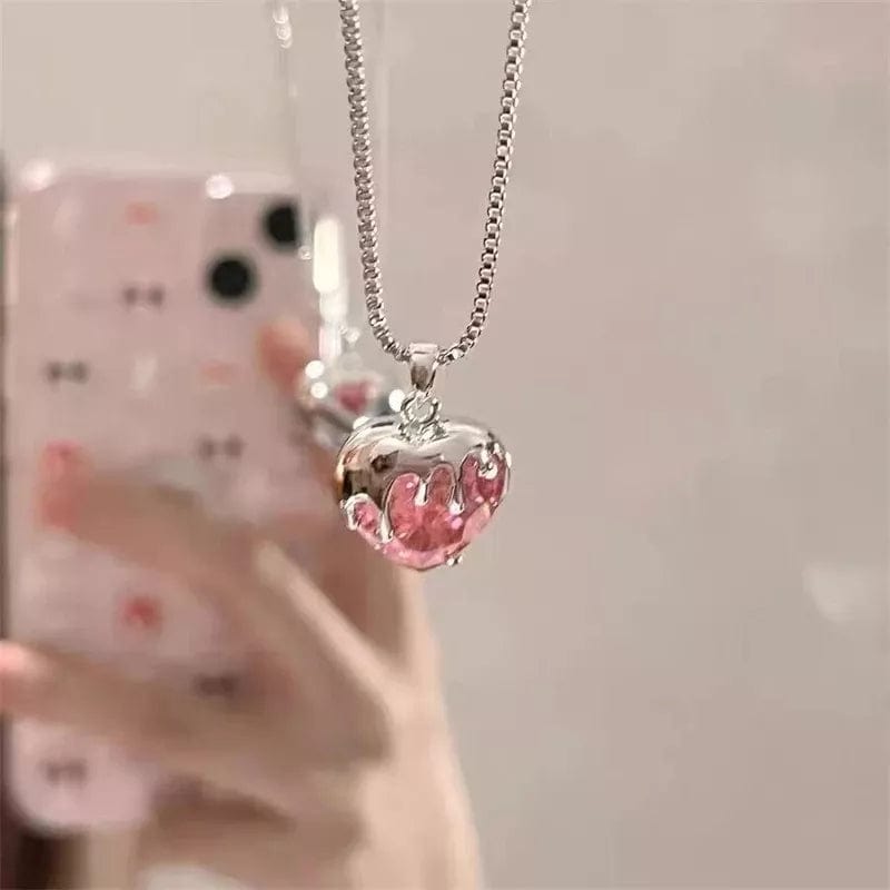 Chic Diamond Cut Pink Crystal Heart Pendant Necklace