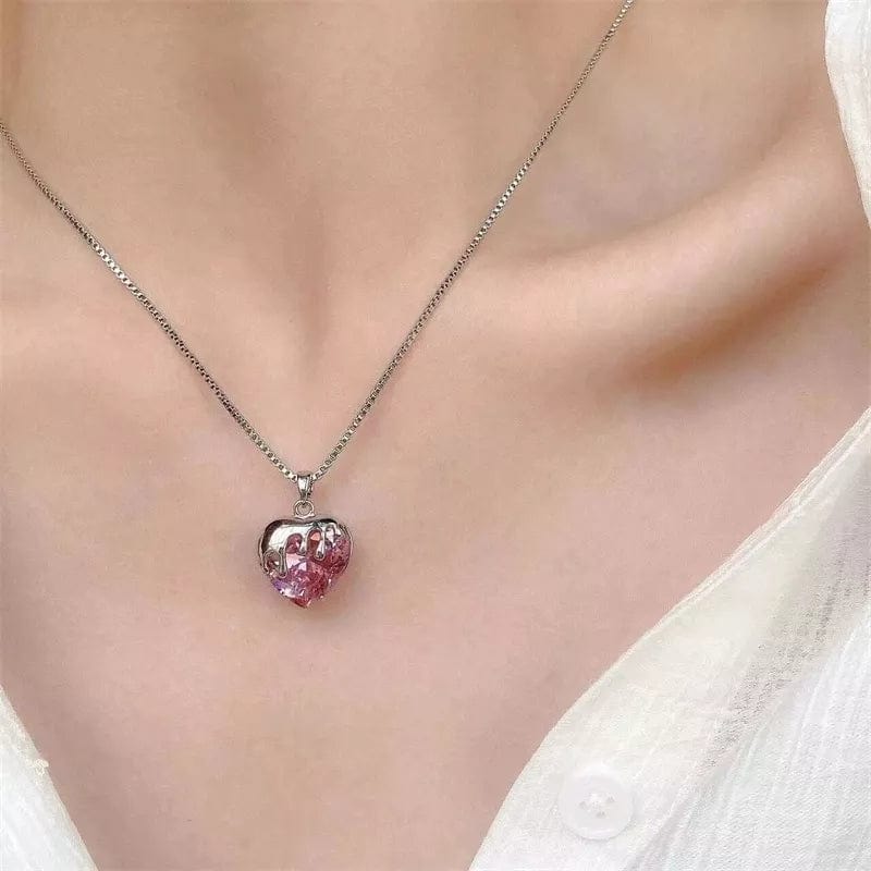 Chic Diamond Cut Pink Crystal Heart Pendant Necklace