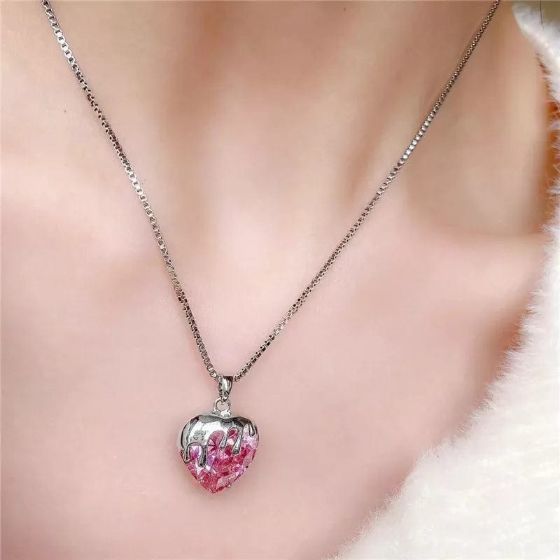 Chic Diamond Cut Pink Crystal Heart Pendant Necklace