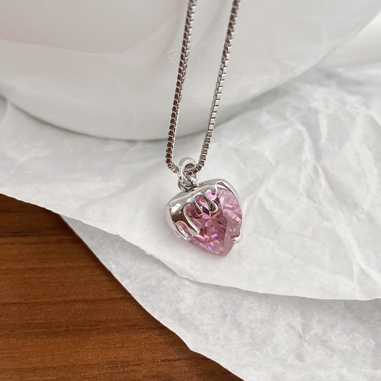 Chic Diamond Cut Pink Crystal Heart Pendant Necklace