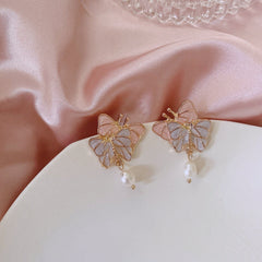 Chic Enamel Butterfly Dangling Pearl Earrings