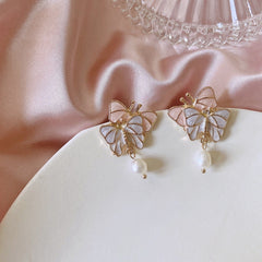 Chic Enamel Butterfly Dangling Pearl Earrings