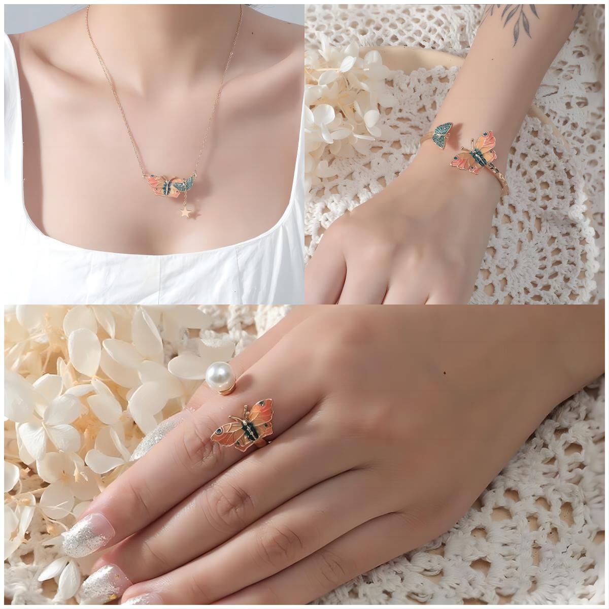 Chic Enamel Butterfly Necklace Bracelet Ring Set