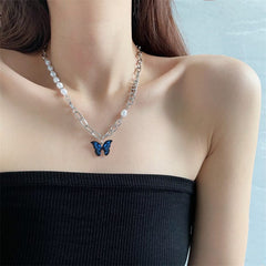 Chic Enamel Butterfly Pendant Pearl Chain Necklace